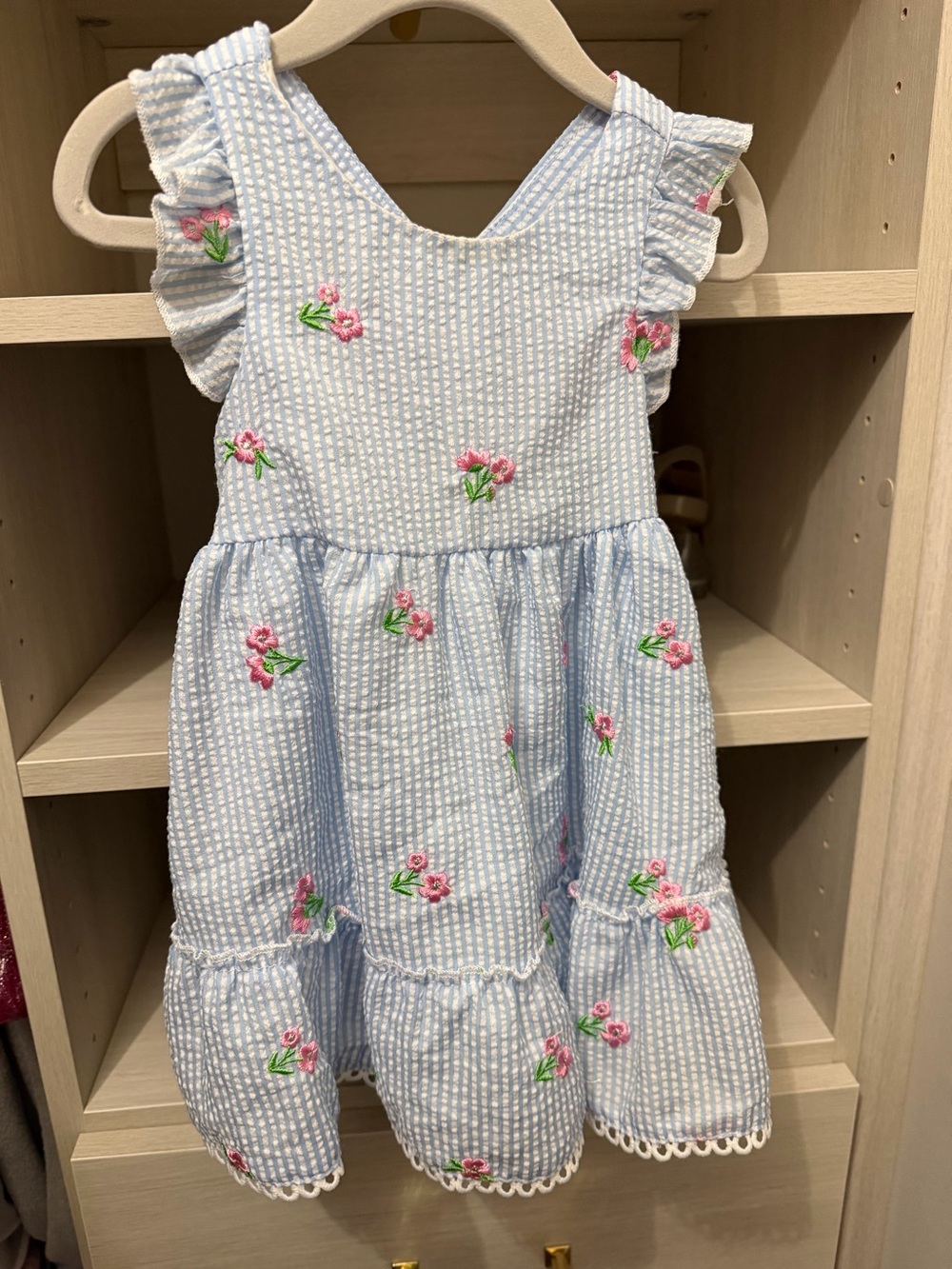 Blue Seersucker Floral Ruffle-Shoulder Kids Dress